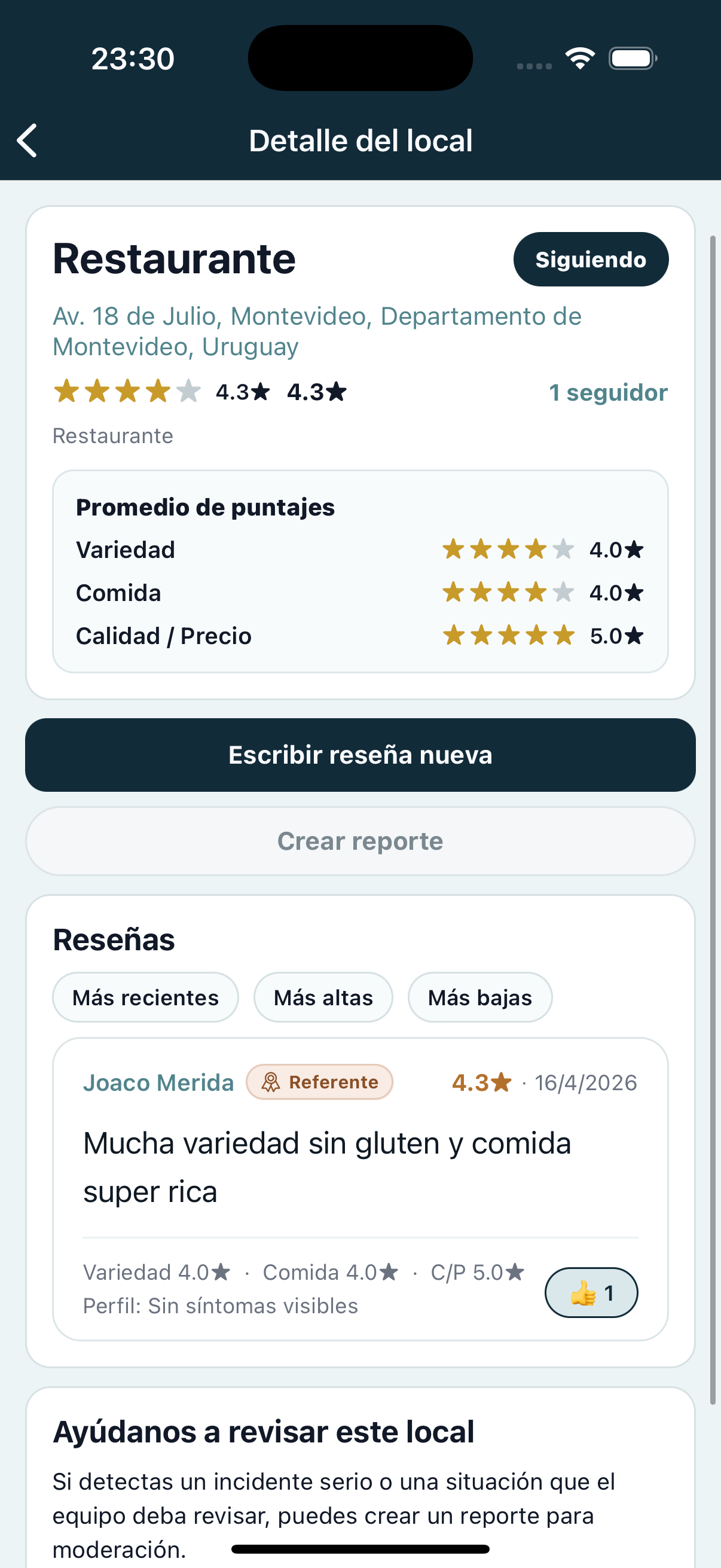Pantalla de detalle del local con reseñas y puntajes