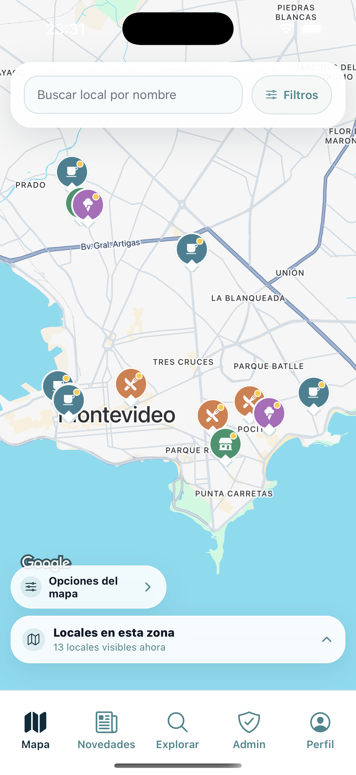 Pantalla del mapa de Galen con lugares cercanos