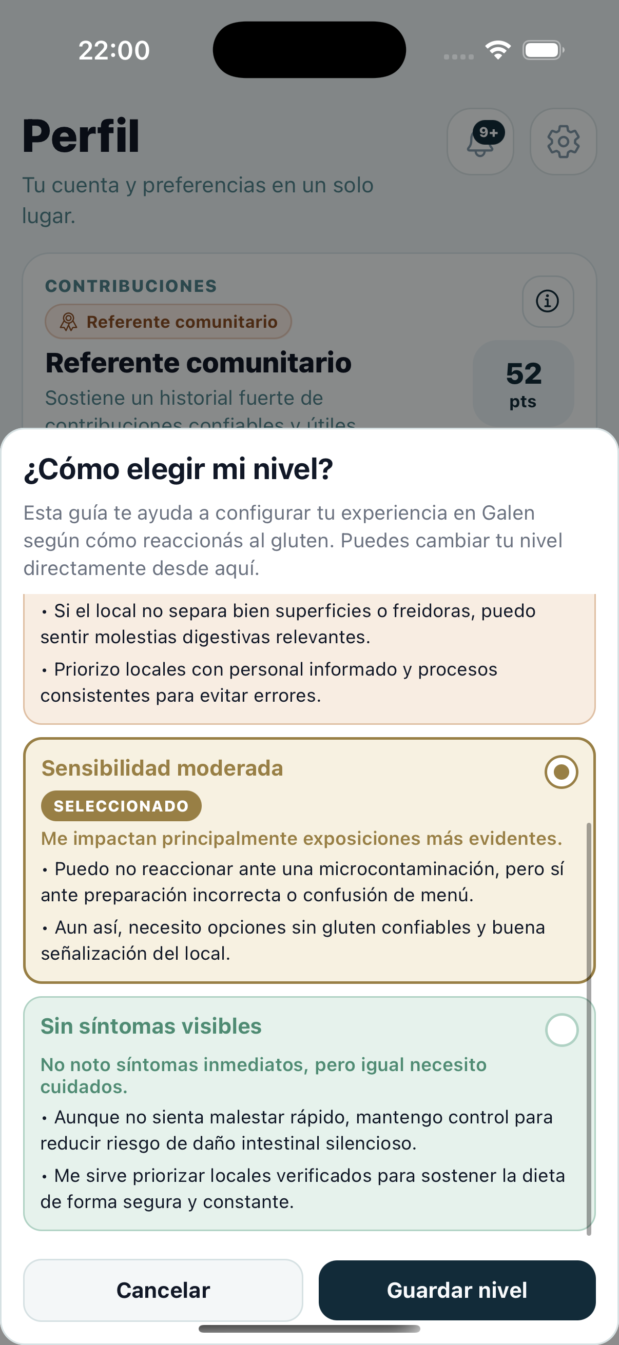 Pantalla de selección de sensibilidad dentro de Galen