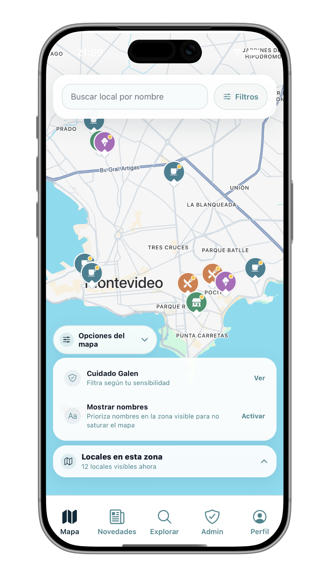 Pantalla del mapa de Galen mostrando locales en Montevideo